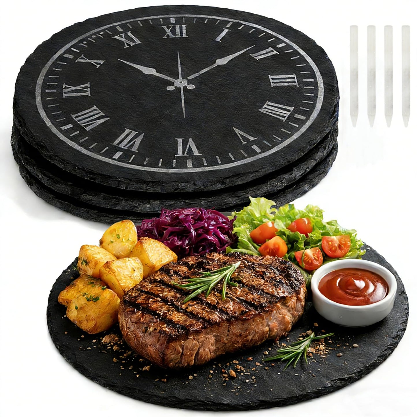 Hacaroa 3 Pack Slate Cheese Board, 12 Inch Large Round Charcuterie Boards Natural Stone Plate Tray, Blank Black Slate Serving Platter for Meat, Fruit, Appetizer, Laser Engraving, Party