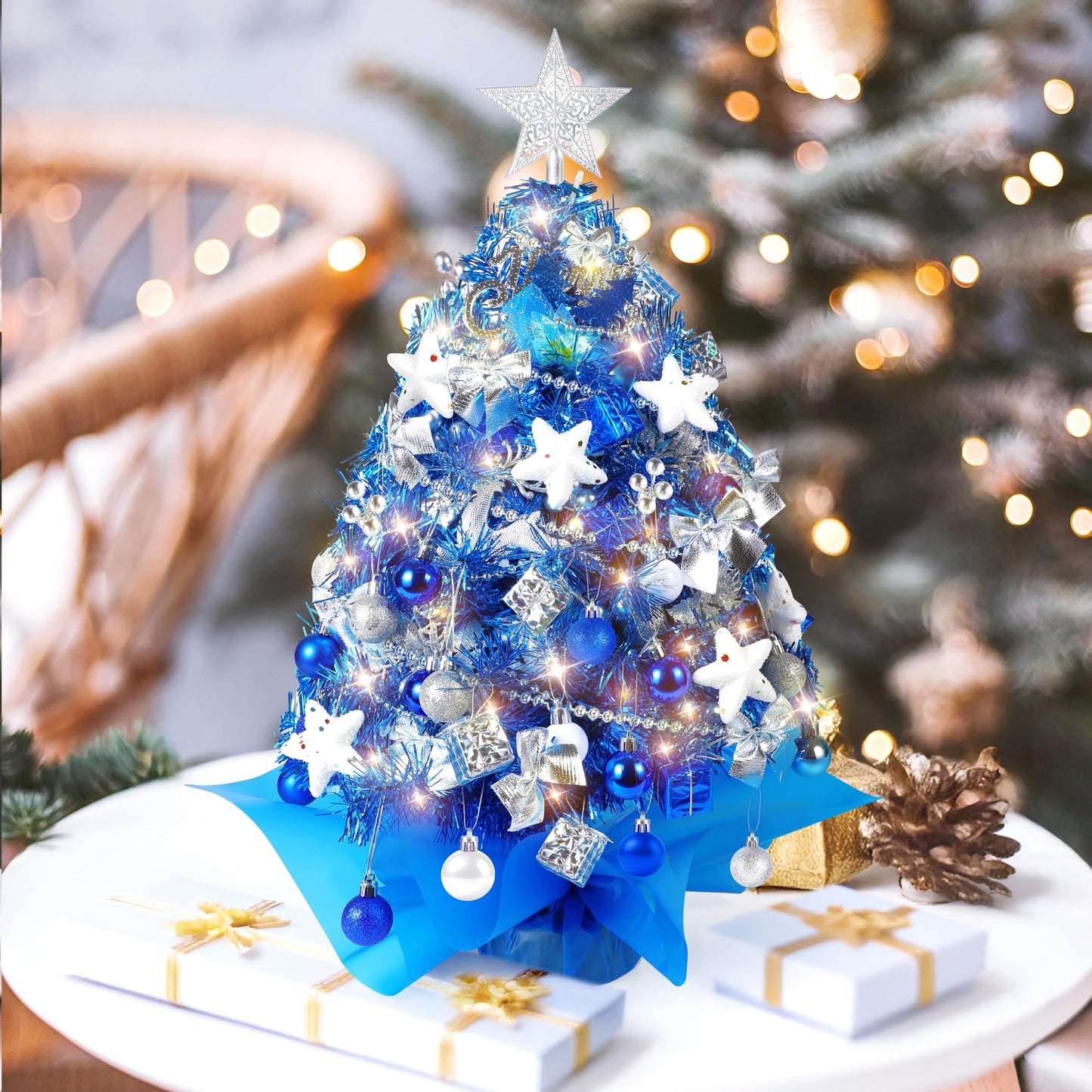 2FT Mini Christmas Tree, Blue Tabletop Christmas Tree, Prelit Small Christmas Trees with 60 LED Lights, 100 Lifelike Branches, 73 Ornaments, Artificial Xmas Tree for Home Indoor Decor