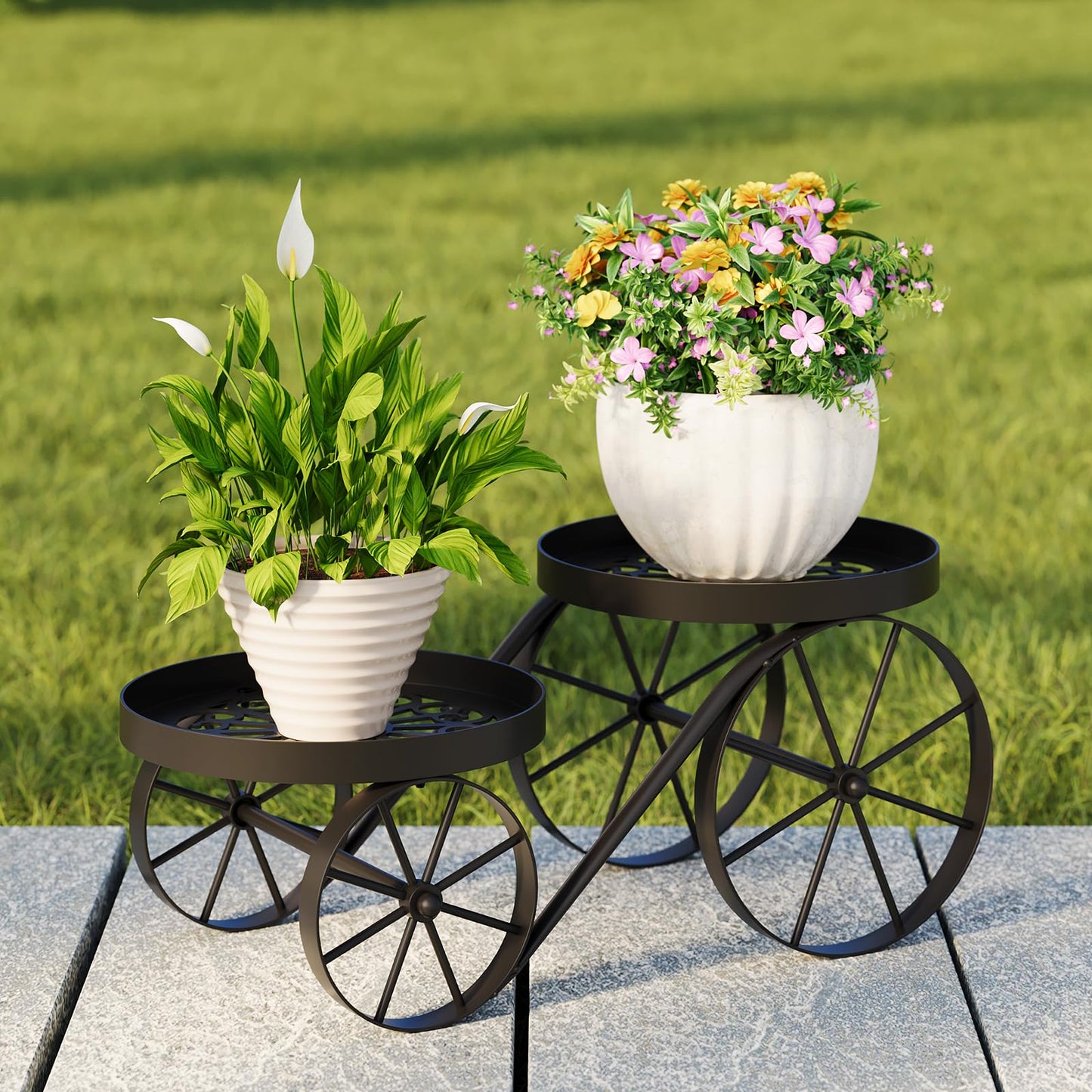 Cute Plant Stand Indoor Outdoor 2-Tier Metal Heavy Duty Flower Pot Holder with Decorative wagon wheels, Multi-Use Planter Display Rack Shelf for Garden Patio Balcony Living Room Corner (Black)
