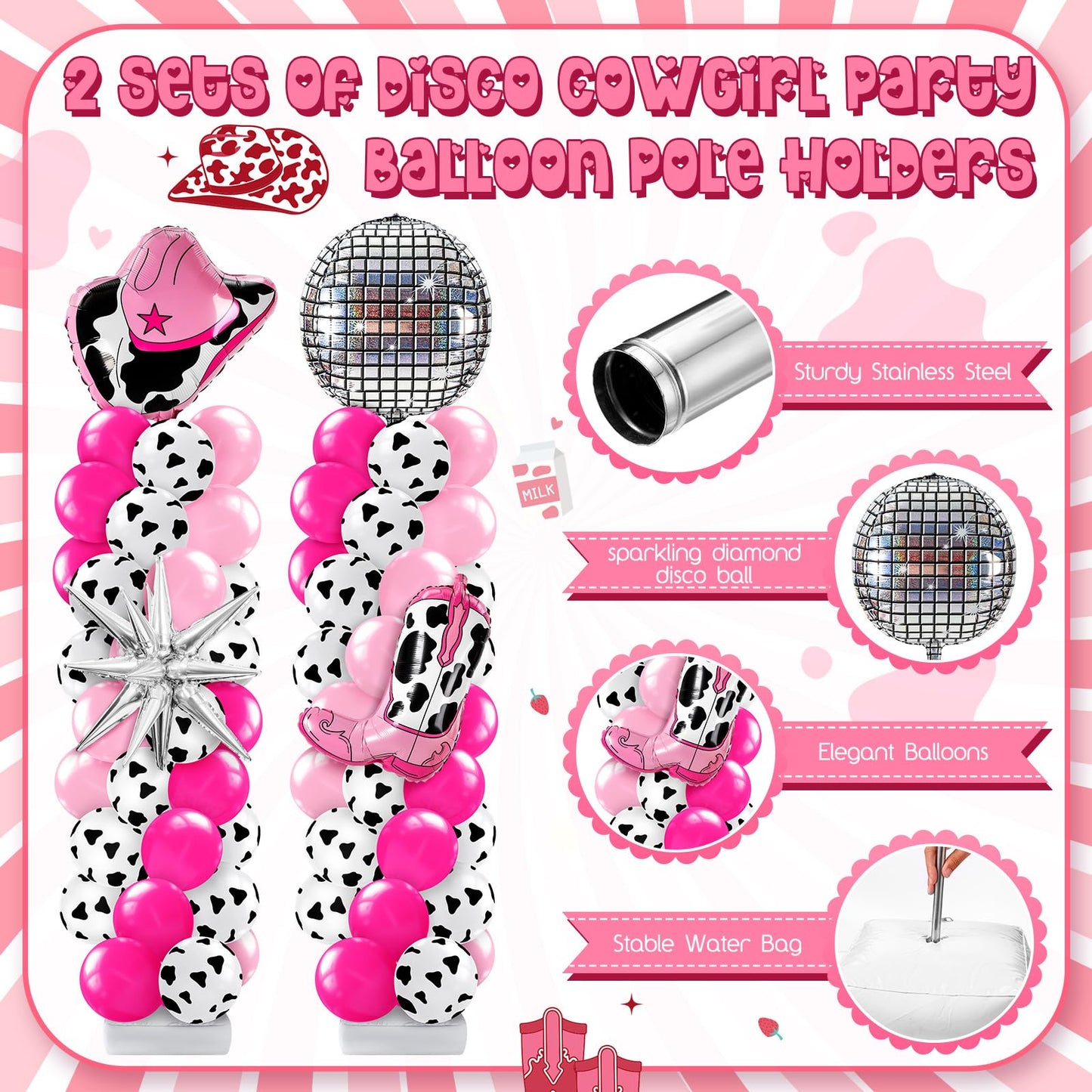 Kasyat 2 Sets Disco Cowgirl Balloon Column Stand Kit with 4d Cowgirl Hat Boots Disco Ball Exploding Stars Balloons Hot Pink Silver Arch Kit for Floor for Western Birthday Party Decorations