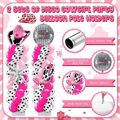 Kasyat 2 Sets Disco Cowgirl Balloon Column Stand Kit with 4d Cowgirl Hat Boots Disco Ball Exploding Stars Balloons Hot Pink Silver Arch Kit for Floor for Western Birthday Party Decorations