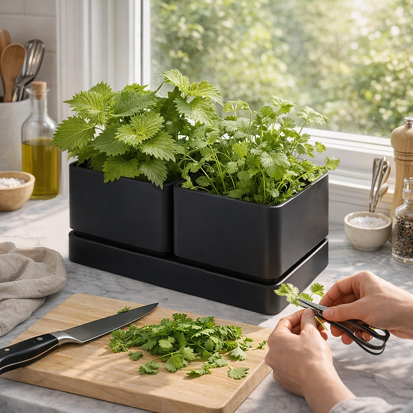 D'vine Dev Indoor Herb Garden Planter Set, Plastic Windowsill Plant Pots with Drainage and Saucer, Indoor Succulent Cactus Vegetable Pot for Balcony, Office, Garden, Black, Set of 2, 76-Q-B-2