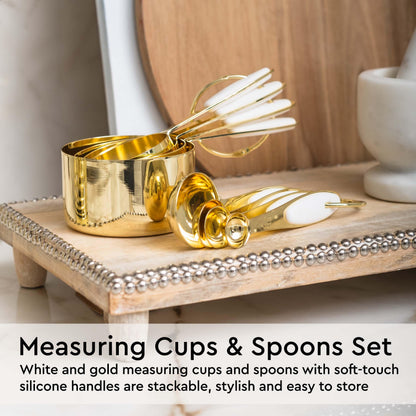 White & Gold Cooking Utensils Set - Luxe 8-Piece Kitchen Gadget Set Includes Can Opener, Tongs and Garlic Press - Stylish White and Gold Kitchen Accessories for Modern Kitchens, Ideal for Gifting