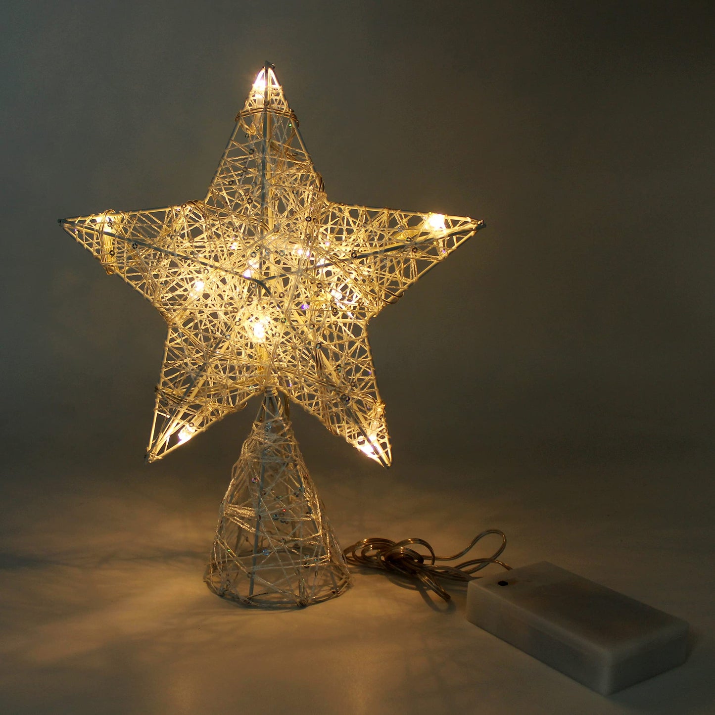 CVHOMEDECO. White Tree Top Star with Warm White LED Lights and Timer for Christmas Ornaments and Holiday Seasonal Décor, 8 x 10 Inch