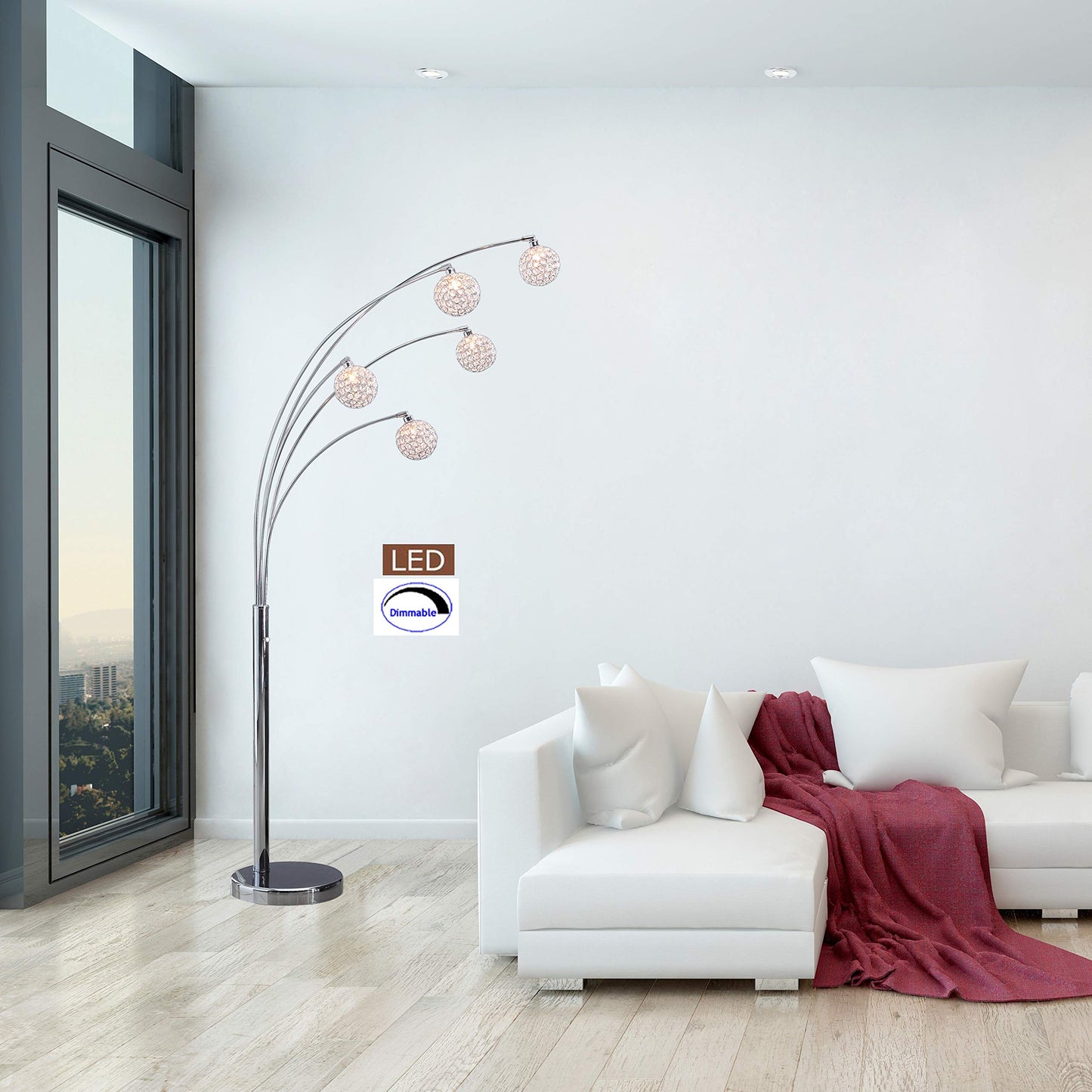 Artiva USA Manhattan Quan 84" 5-Arch Crystal Ball LED Floor Lamp with Dimmer