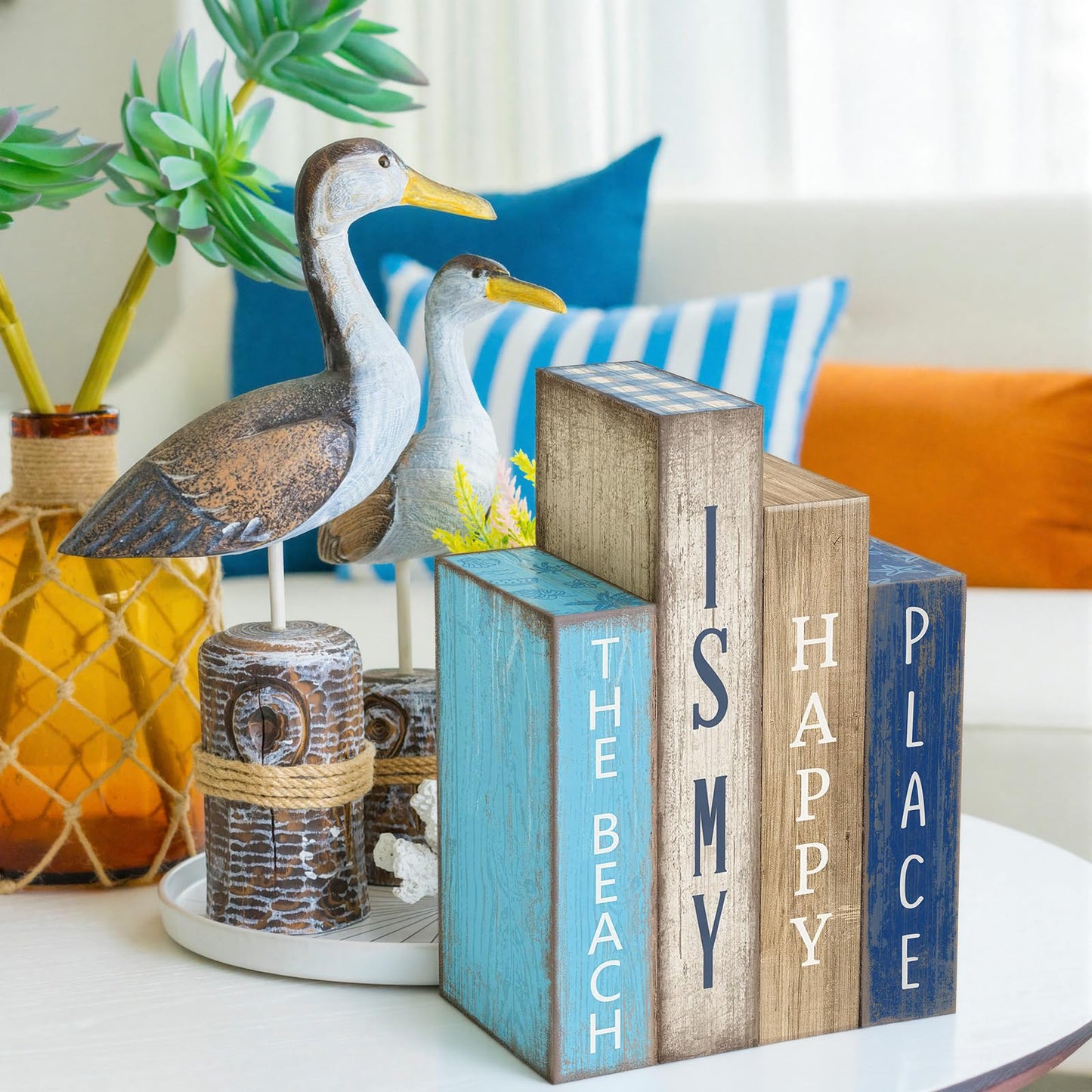 Lineshading 4 Pcs Summer Table Decoration Wooden Book Coastal Beach Decoration Blue and White Summer Tiered Tray Decor Wood Book Signs Farmhouse for Ocean Party Home Shelf Coffee Table