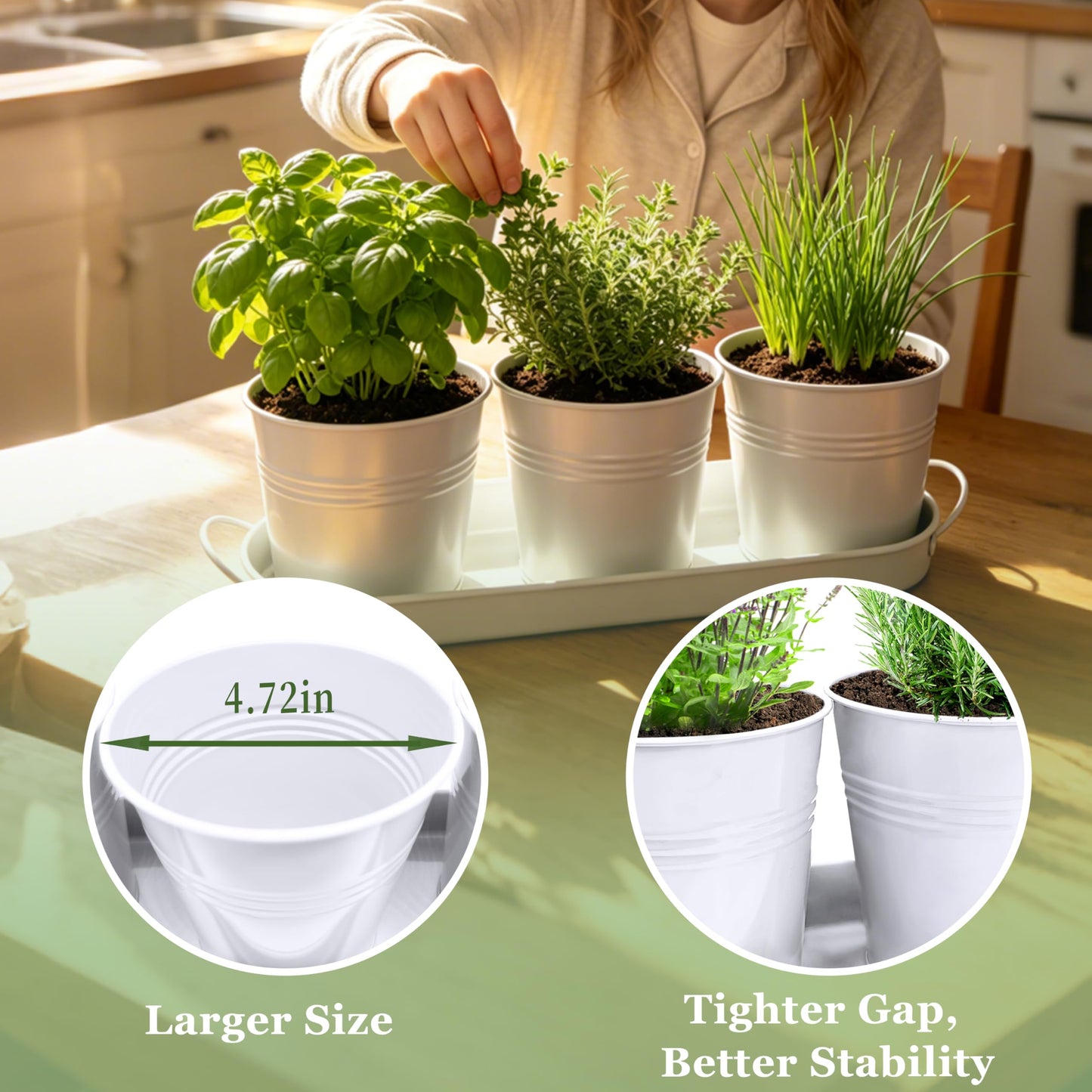 TCBWFY Indoor Herb Garden Planter Set - 3 Pack 4.7" White Metal Plant Pots with Drainage Holes & Removable Tray - Windowsill Kitchen Counter Balcony Office Garden