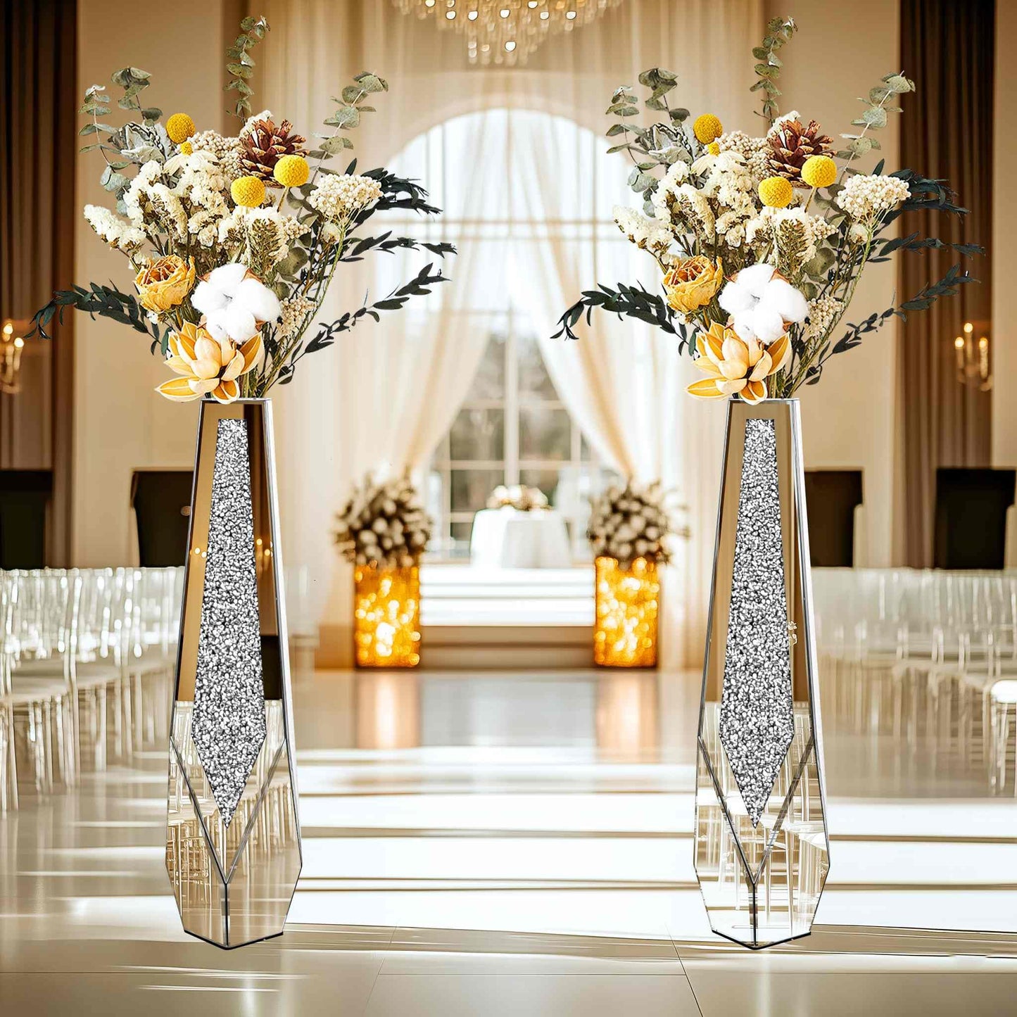 Artloge Mirror Floor Vase Crushed Diamond Silver Bling Centerpiece 33.6 inch Tall