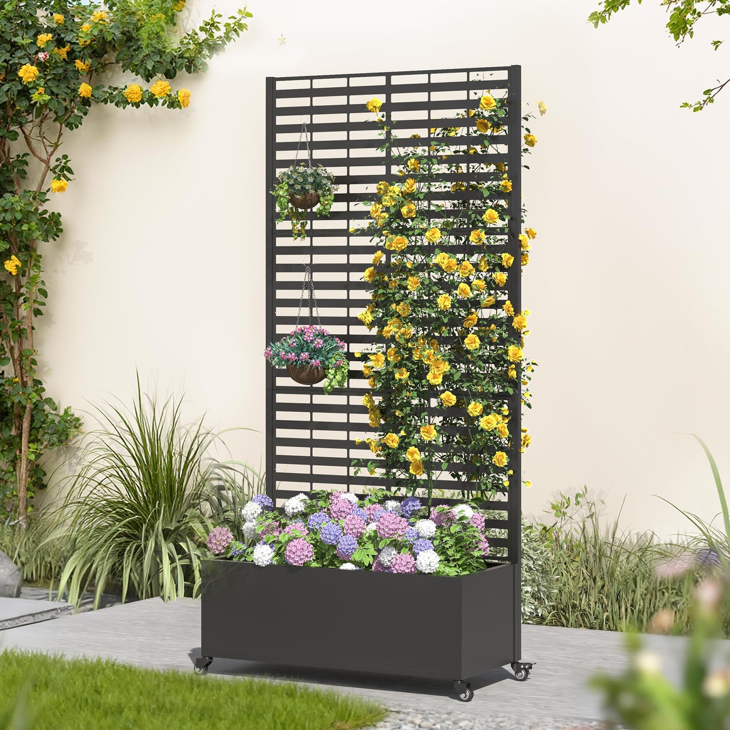 UPHYB Metal Planter Box with Trellis, 73"x 35"x 16" Raised Garden Bed with Wheels and Drainage Holes, Planter with Trellis for Garden, Balcony and Patio, Black Louvered
