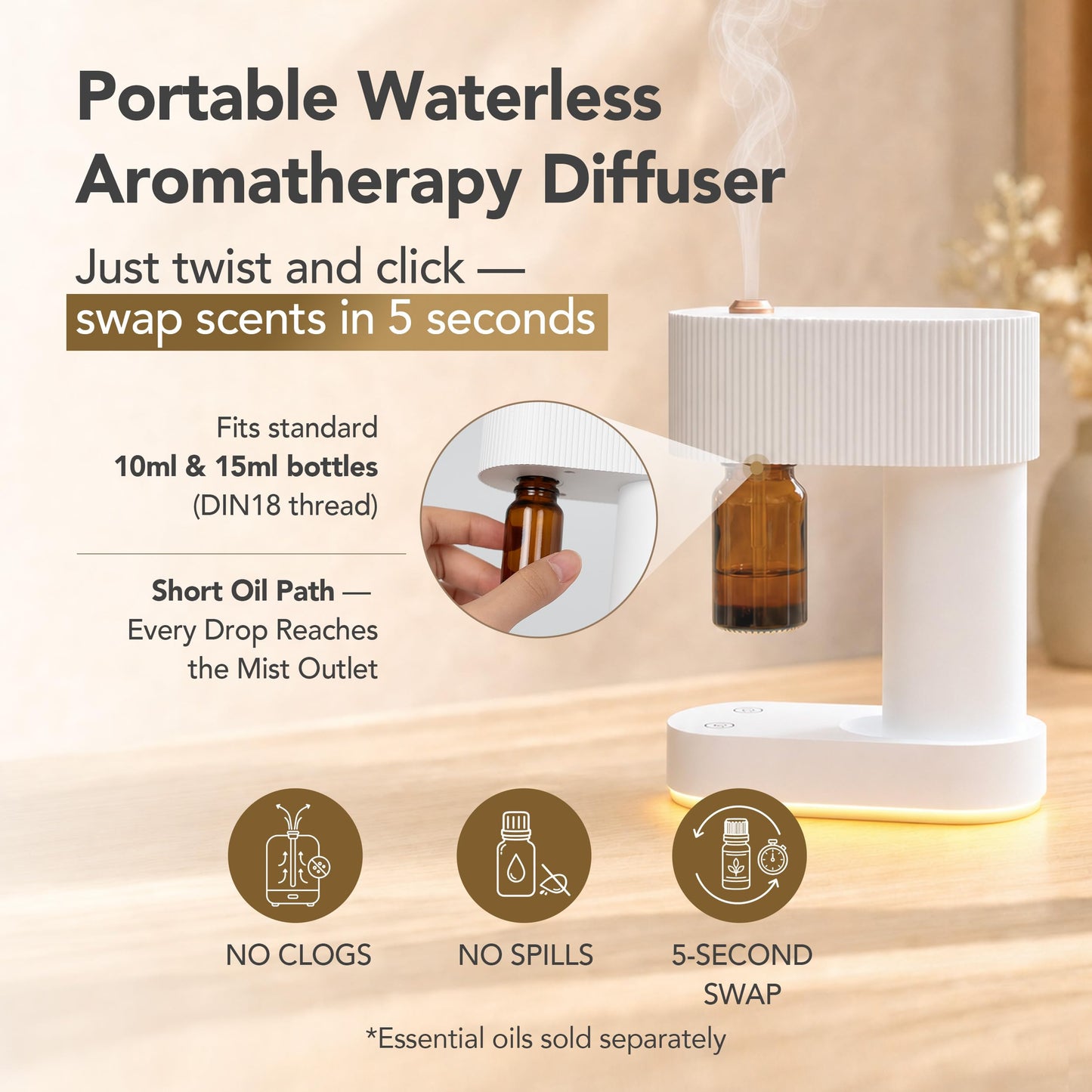 ROMONTI Waterless Essential Oil Diffuser Cordless Nebulizing Aroma Diffuser Whisper-Quiet 38dB USB-C Rechargeable Sculptural Korean Design Fits 10ml & 15ml Bottles Compact for Bedroom Office Spa