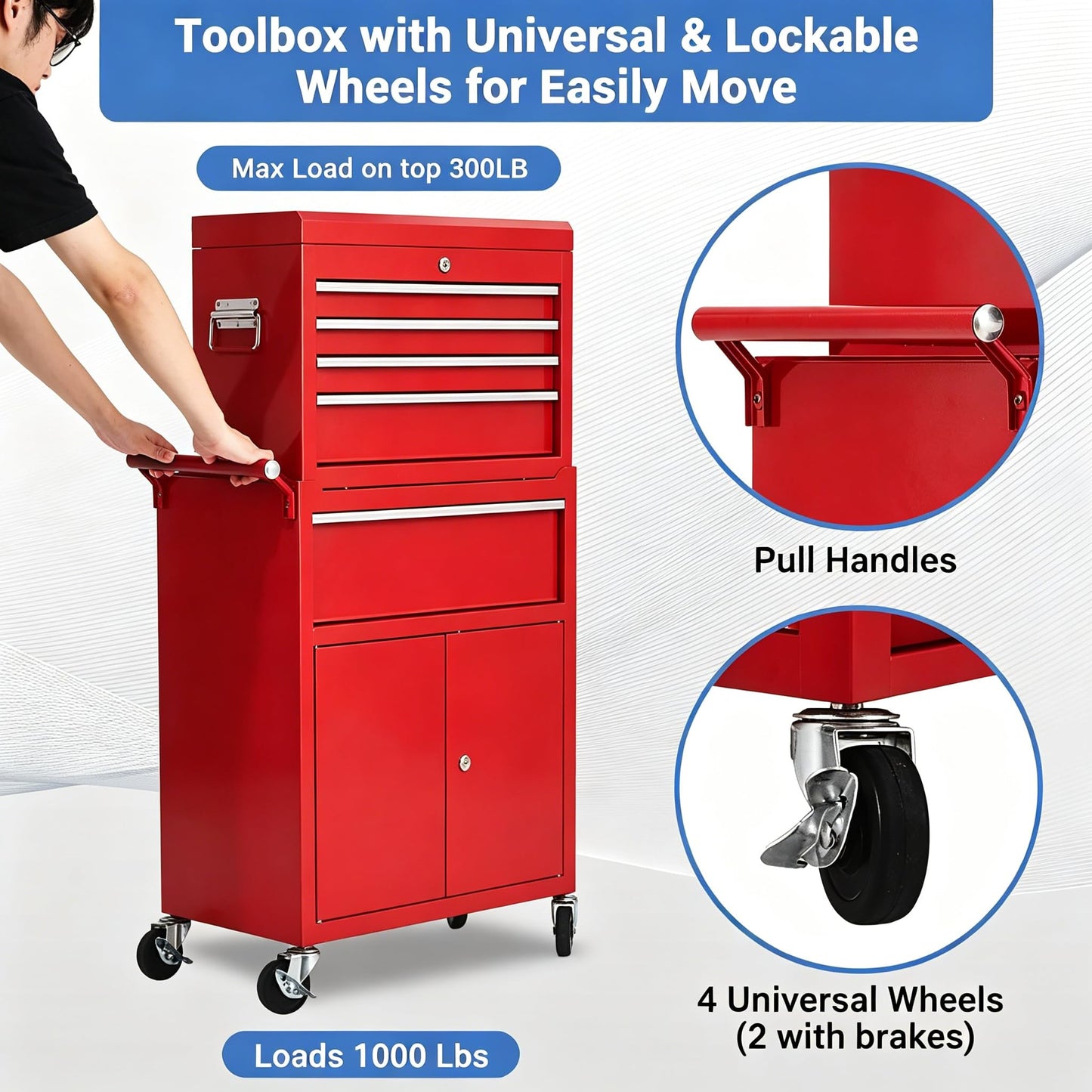 Heavy Duty 5 Drawer Tool Chest, Rolling Tool Box Cabinet on Wheels, 2-in-1 Detachable Metal Tool Storage Organizer for Garage and Workshop, Locking Steel Tool Cart with Portable Top Tool Box, Red