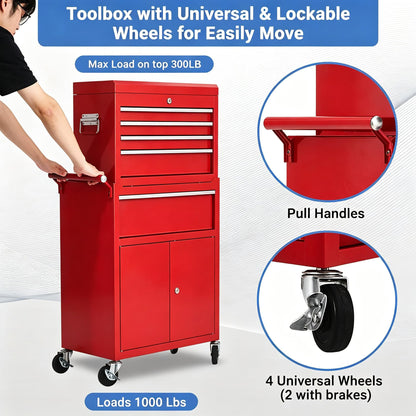 Heavy Duty 5 Drawer Tool Chest, Rolling Tool Box Cabinet on Wheels, 2-in-1 Detachable Metal Tool Storage Organizer for Garage and Workshop, Locking Steel Tool Cart with Portable Top Tool Box, Red
