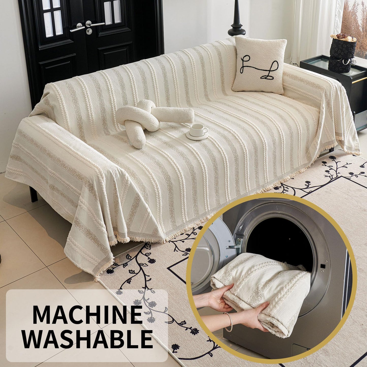 HAOMAIJIA Non Slip Couch Cover Sofa Covers for 3 Cushion Couch Washable sectional Couch Covers for Dogs pet Furniture Protector Couch Cover Blanket for Living Room (TM-Cream White, 91"x134")
