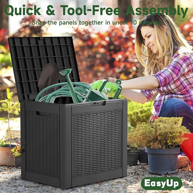 EasyUp 30 Gallon Resin Deck Box, Patio Outdoor Deck Box for Furniture, Garden Tools and Tools Storage, Waterproof Outside Storage Boxes(Black)