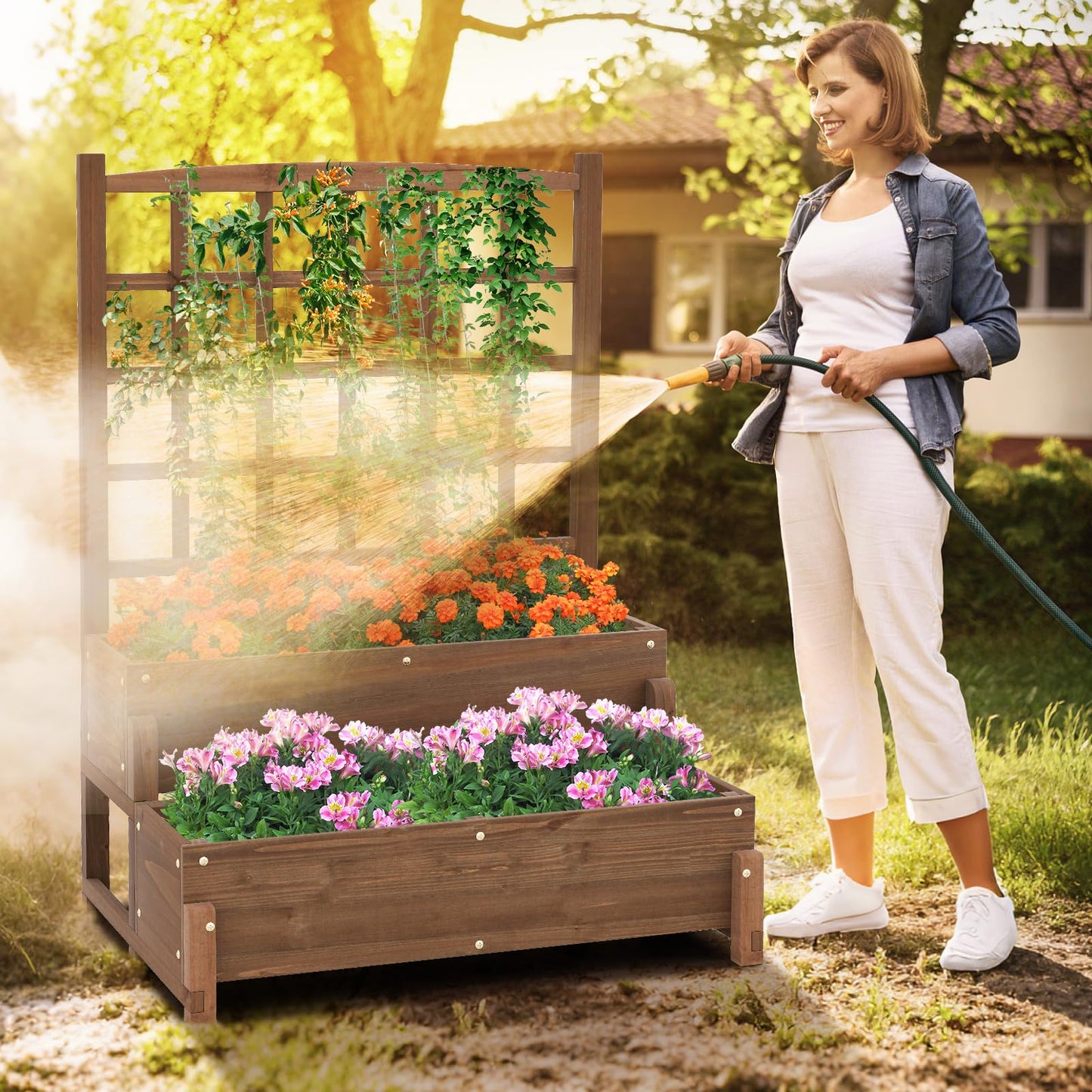 Toolsempire 2-Tier Raised Garden Bed with Trellis, Wooden Elevated Planter Box with Legs, Hemp Rope & Drainage Holes, Raised Plant Bed for Backyard, Garden, Lawn