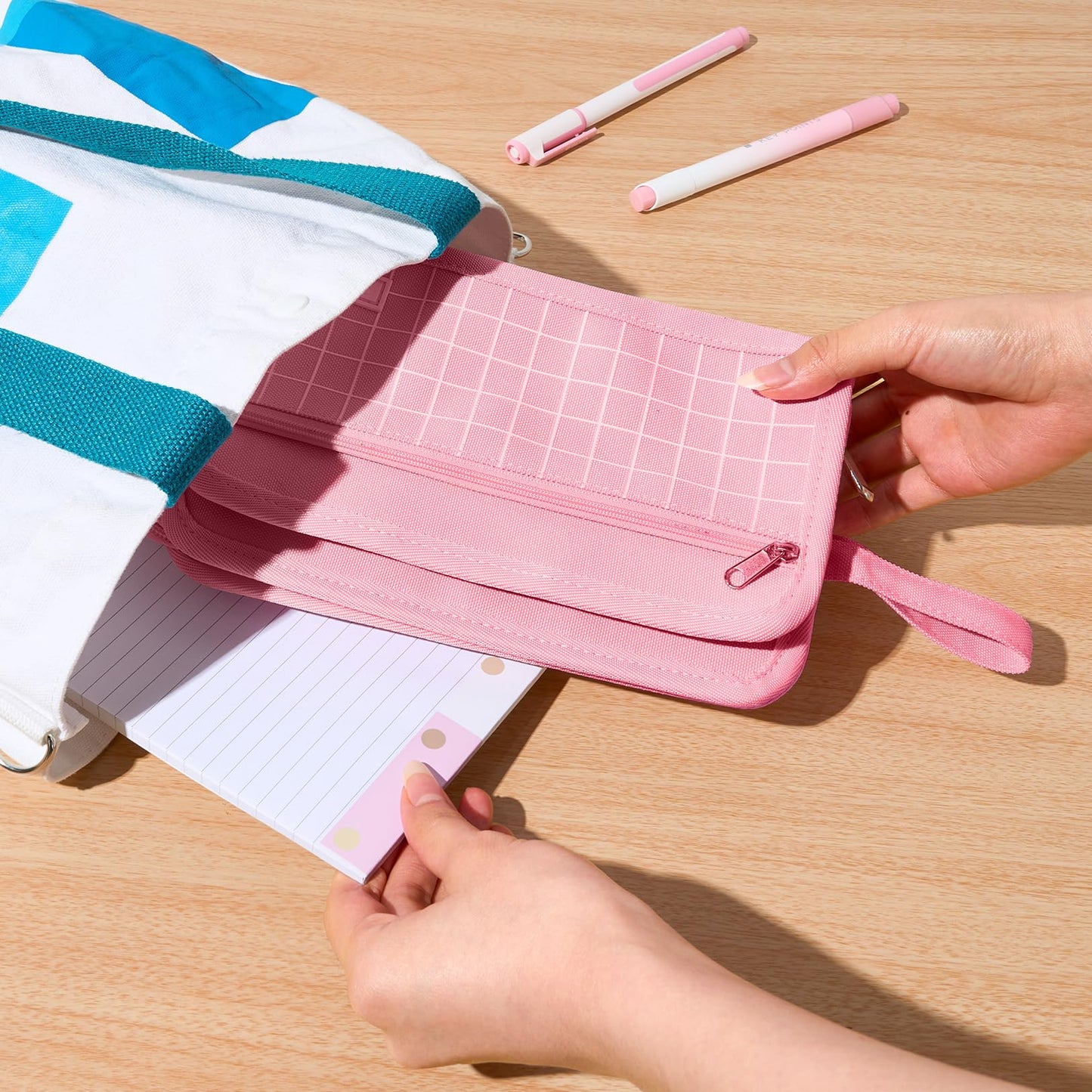 Sooez Large Pencil Case, Big Capacity Pencil Pouch Pen Bag with 3 Compartment, Portable Canvas Stationery Organizer with Zipper, Cute Aesthetic School Supplies for Teen Girls, Sky Blue with Plaid