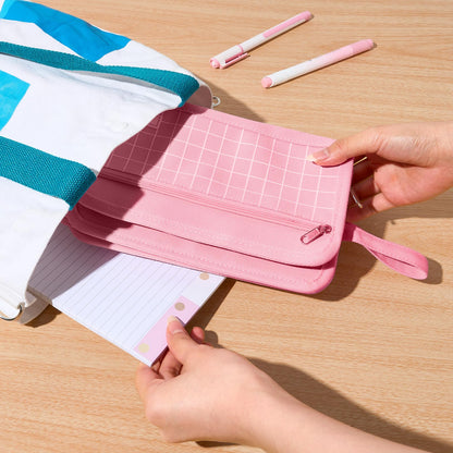 Sooez Large Pencil Case, Big Capacity Pencil Pouch Pen Bag with 3 Compartment, Portable Canvas Stationery Organizer with Zipper, Cute Aesthetic School Supplies for Teen Girls, Sky Blue with Plaid