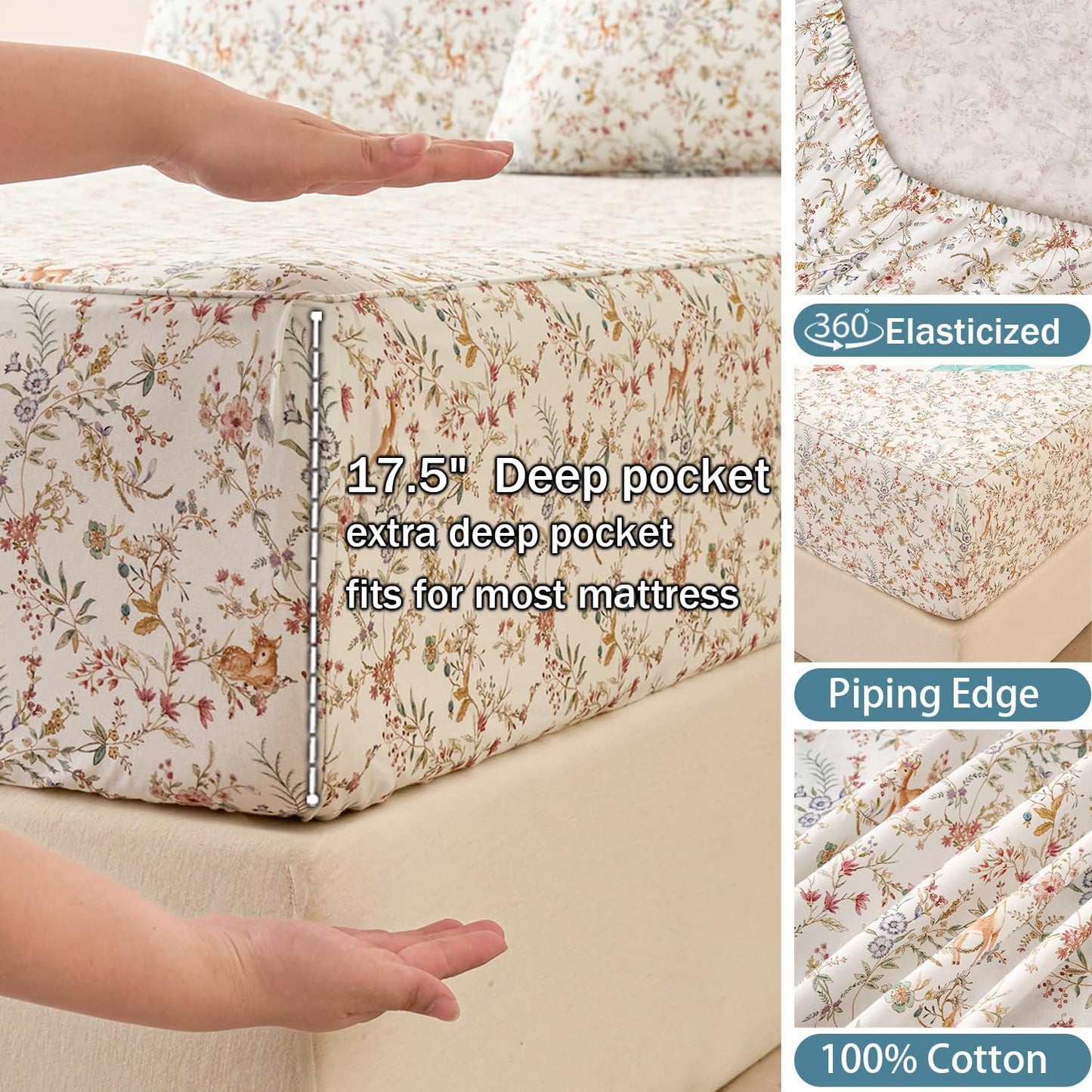 Huborise Orange King Size Sheet Set 100% Cotton Flannel-Like Warm Luxury Animal & Floral Bed Sheets 4Pc Deep Pocket 17.5", Double Brushed Extra Soft Breathable, Fall/Winter French Country Bedding