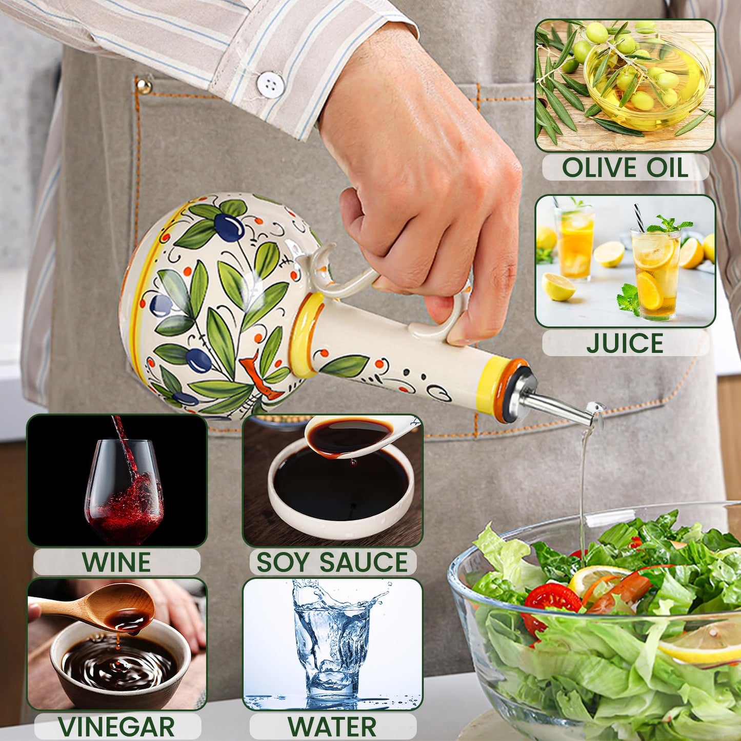 Gnlnkn 18 oz Ceramic Olive Oil Dispenser Bottle for Kitchen, Large Capacity Oli and Vinegar Cruet with Stainless Steel Spout, 540 ml Oil Container with Handle for Cooking Preventing, Vinegar Cruet