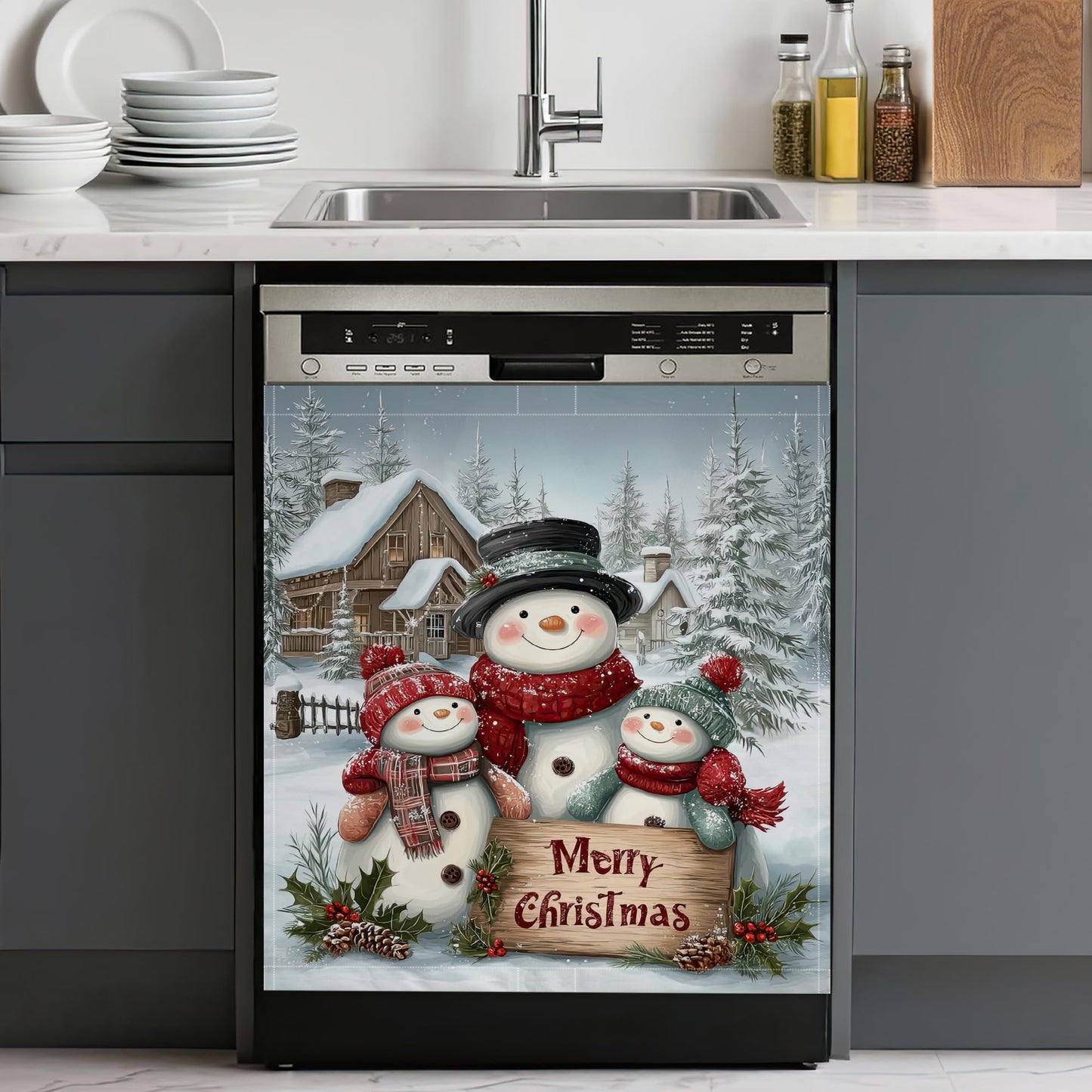 Merry Christmas Magnetic Dishwasher Cover,Washable Reusable Cute Snowmen Refrigerator Appliance Front Panel for Kitchen Decor,23 x 26 Inch