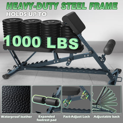 HEMERIS Adjustable Weight Bench with Roman Chair, 1000 LBS Utility Workout Bench for home gym MAX Sit/Decline/Incline Up Bench Press Exercise Equipment 75°to -20°FID Strength Training(Black)