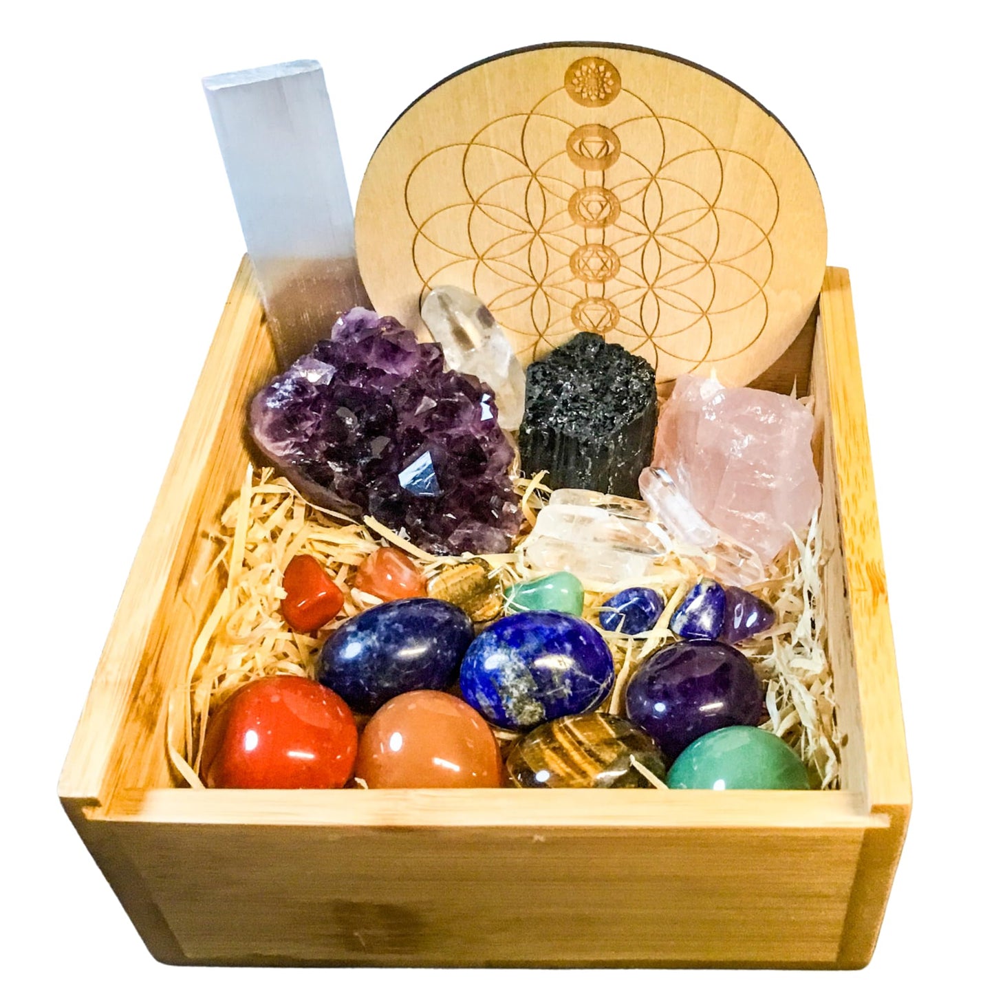 Obilea Gems - 28-Piece Chakra Crystal Healing Set with Bamboo Storage Box – Includes Chakra Tumbled Stones, Specimen Crystals, Raw Clear Quartz Points, Selenite Charging Plate, Storage Bag & Info Card
