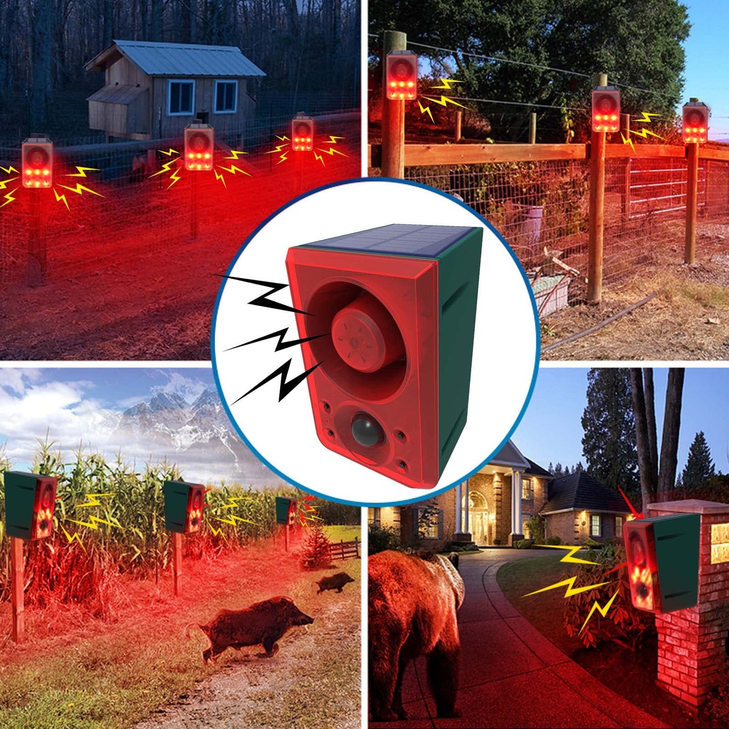 SENKEFEI SS Solar Outdoor Motion Sensor Alarm - Dog Barking & Gunshot Sound 130db Motion Detector Alarm Light,with Remote Controller for Home, Villa,Yard,Chicken coop,Farm,Barn, ZFD-11N-01, Green&red