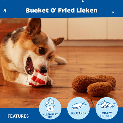 Barkbox 2 in 1 Interactive Plush Dog Toy - Rip and Reveal Dog Toy for Medium, & Large Dogs - Stimulating Squeaky Pet Enrichment and Puppy Toys | Bucket o’Fried Licken