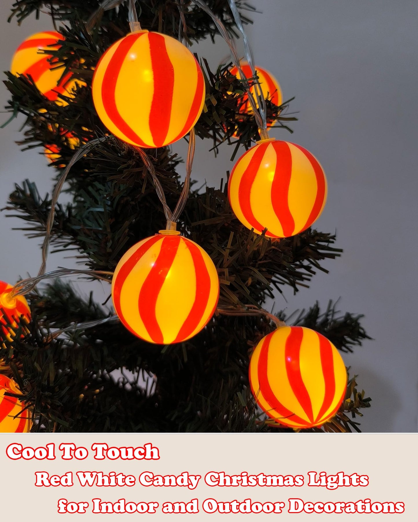 Myhimx Christmas Lights Battery Operated 10Ft Red and White Christmas Ball Ornament Light 20 LED Candy Globe String Lights with 8 Modes & Timer for Outside Indoor Bedroom Patio Office Home Xmas Tree