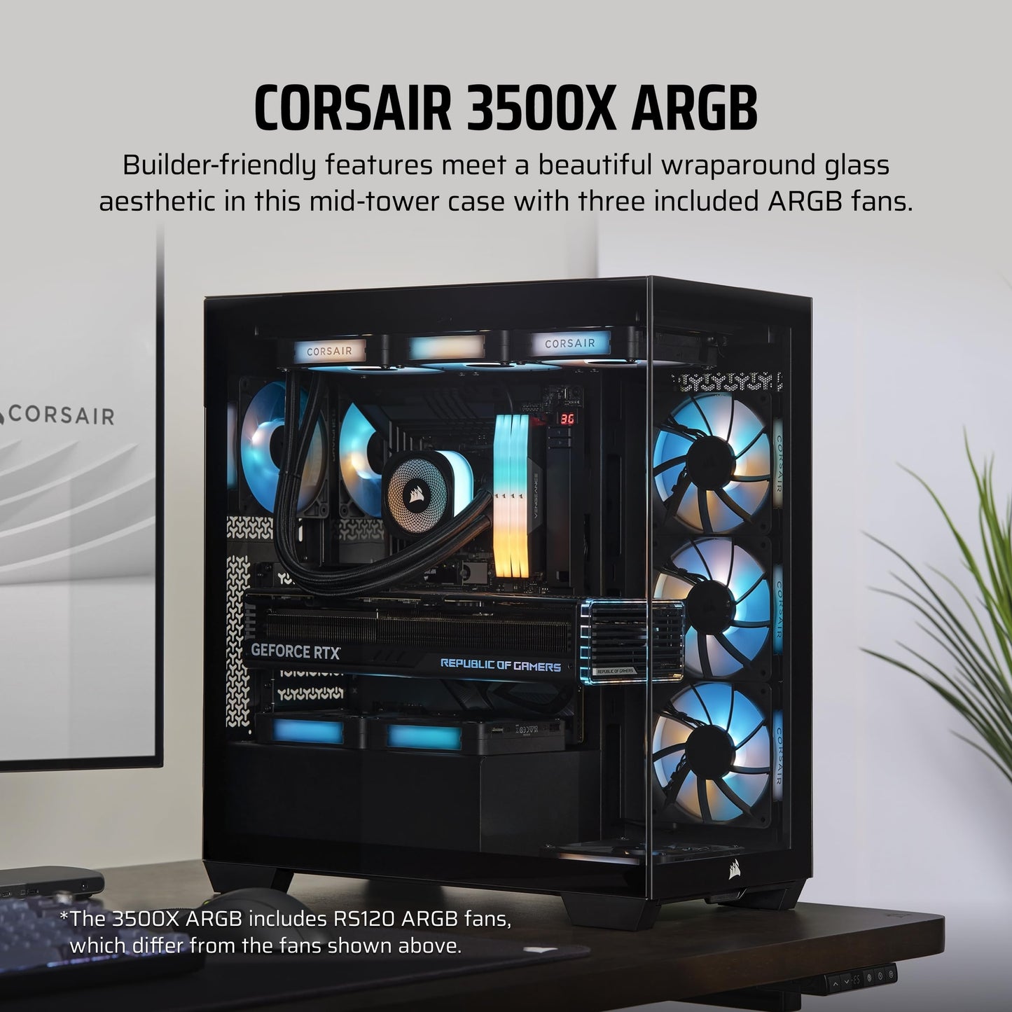 CORSAIR 3500X ARGB Mid-Tower ATX PC Case – Panoramic Tempered Glass – Reverse Connection Motherboard Compatible – 3x CORSAIR RS120 ARGB Fans Included – Black