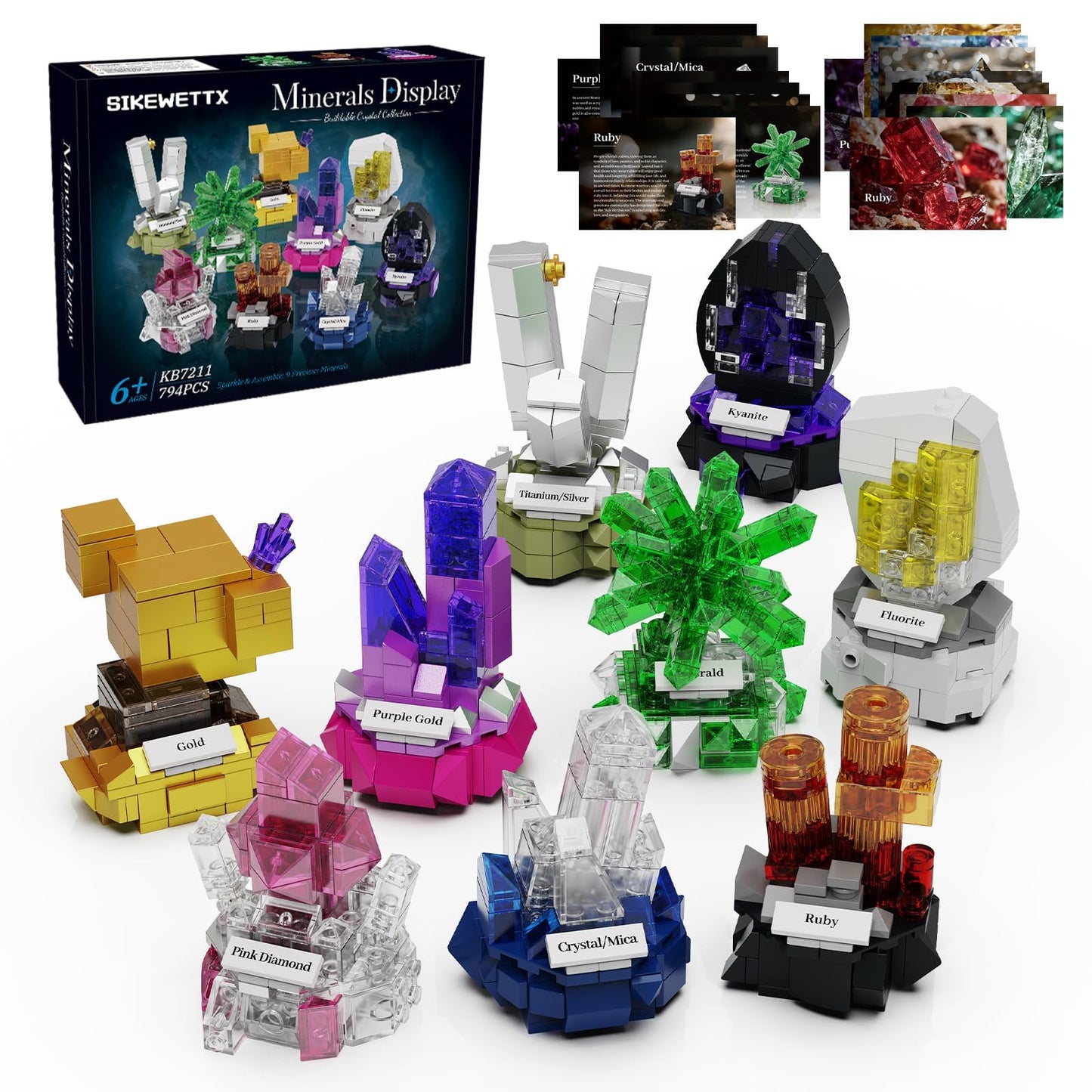 Mineral Display Building Blocks Set 794pcs, 9 Pack Gemstone Models, Crystal Rock Collection STEM Geology Bonsai Gems Home Office Decor, Compatible with Lego for Kids Adults Boys Girls 6+