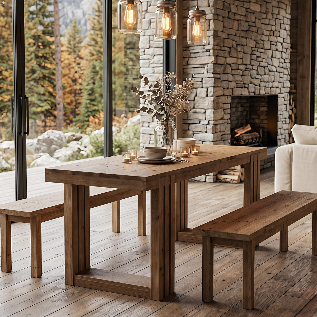 LITTLE TREE Solid Wood Dining Table, 61.8” Dining Table for 4-6 People, Rectangular Wood Kitchen Table, Farmhouse Dinner Table with U-Shaped Legs for Kitchen, Dining Room, Kitchen, Rustic Brown