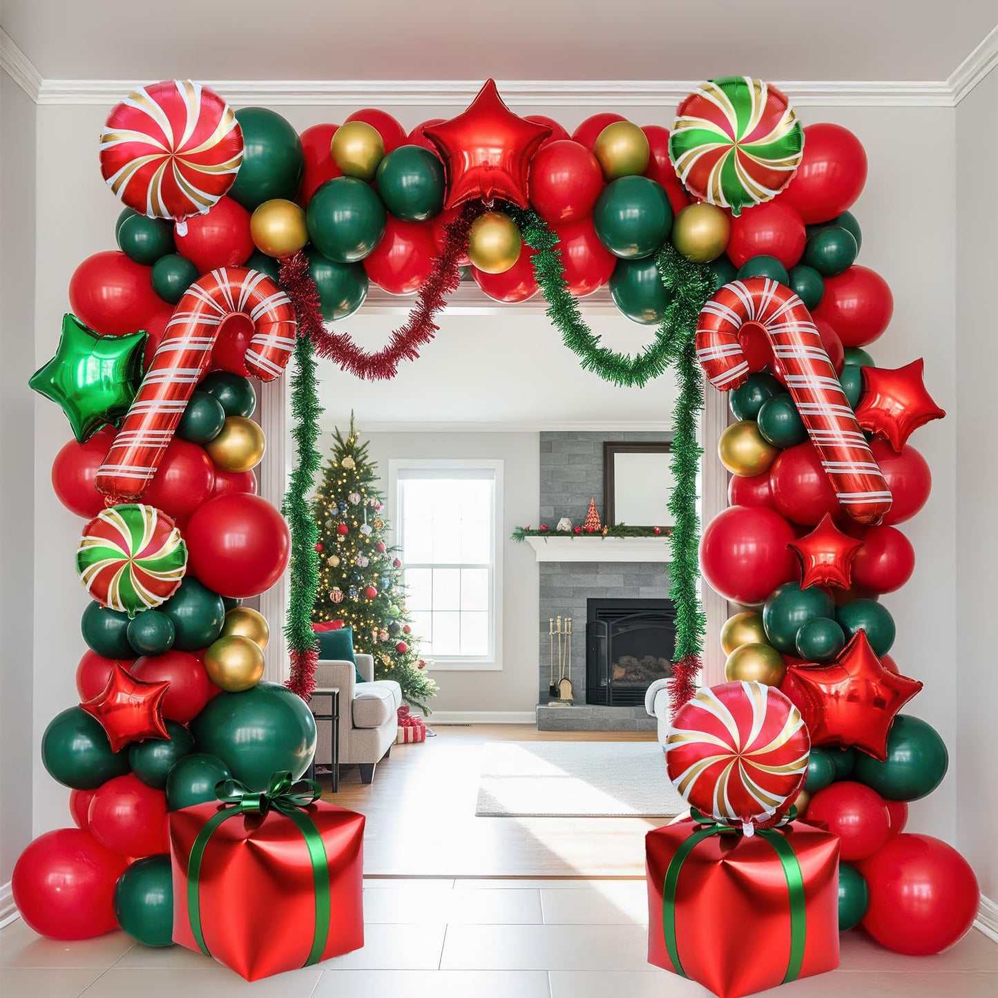 Red hunter Green Gold Christmas Balloon Garland Arch Kit Candy Cane Lollipop Balloons Box Foil Balloons glitter Tinsel Garland for Xmas Balloon Garland Kit Christmas Party Decorations