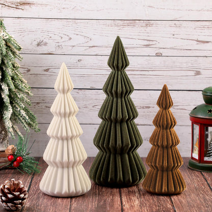 Relaxgiant Set of 3 Velvet Ceramic Christmas Trees Decoration Large Modern Velvet Cone Christmas Tree Figurine Decor Holiday Xmas Winter Indoor Home Tabletop Mantel Centerpiece(Green, Beige, Brown)