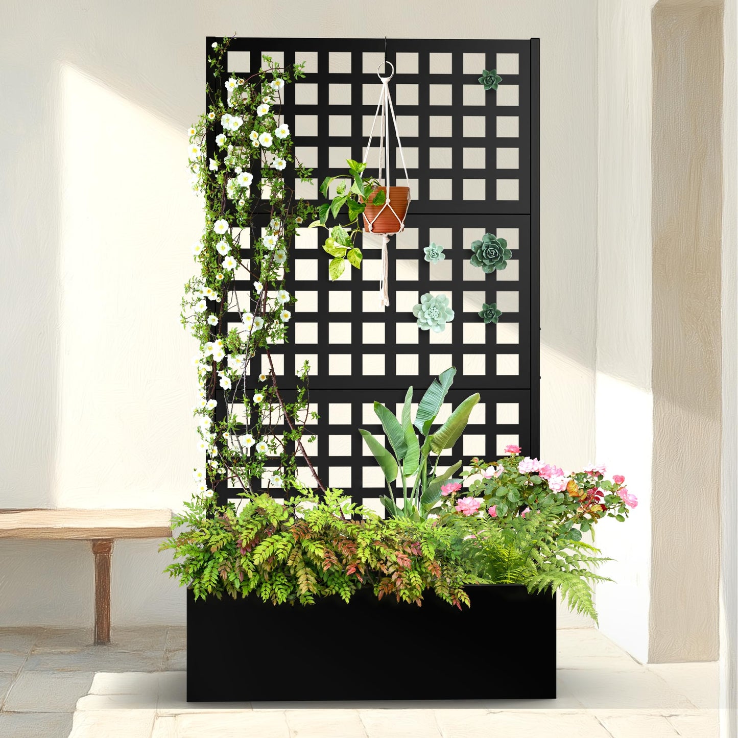 TUYOHW Metal Planter Box with Trellis, Raised Garden Bed with Privacy Screen, Outdoor Planter Box for Climbing Plants, Vine Support Flower Bed with Drainage Holes for Garden, Patio, Balcony