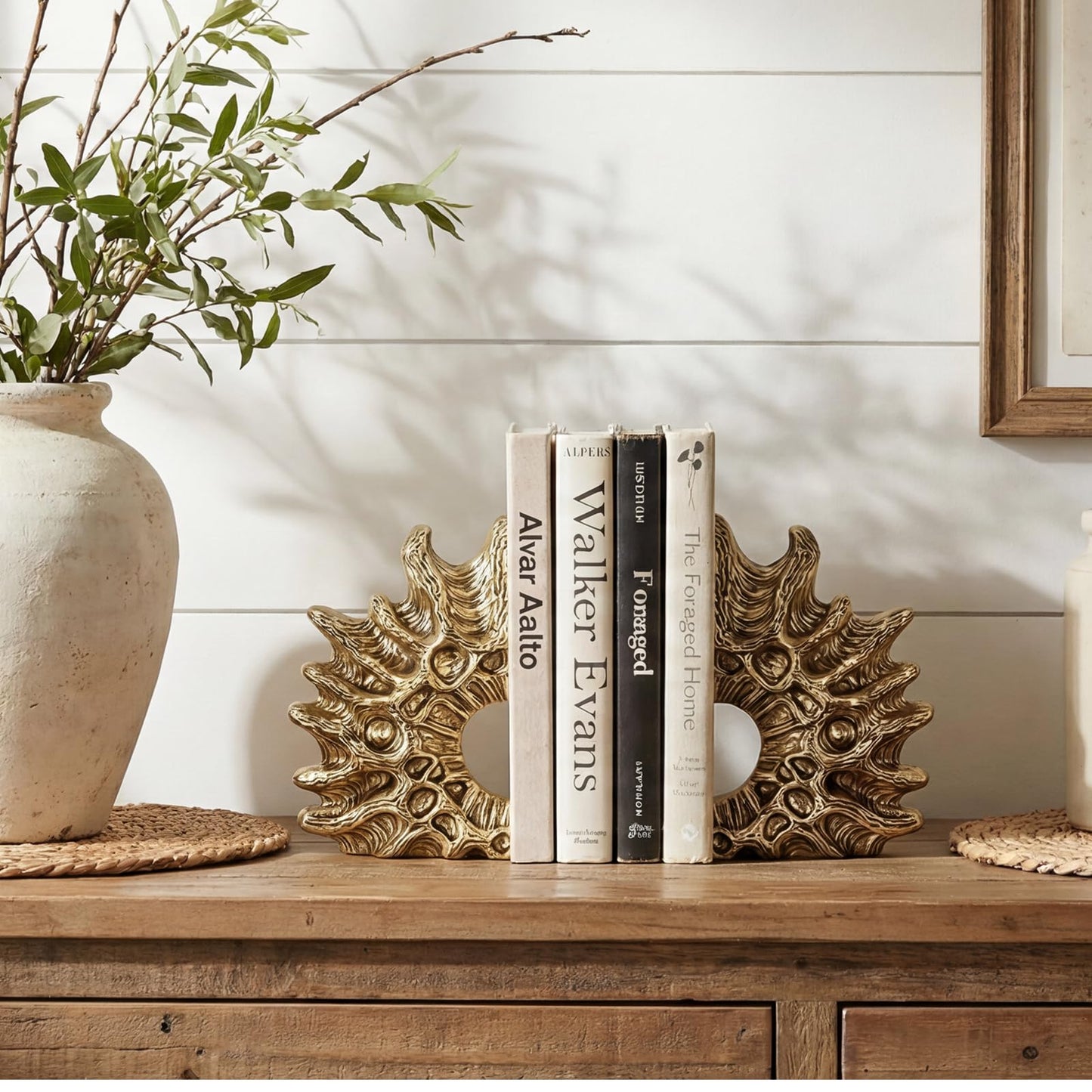 MXARLTR Coral Bookends, Coastal Resin Coral Decorative Bookends, Heavy Duty Non-Slip Book Holders for Shelves, Office Desk, Living Room, Nautical Home Decor (Gold)
