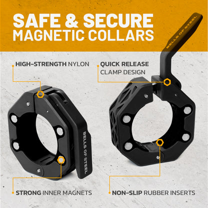 Magnetic Barbell Collars [Bells of Steel] Version 2.0 Premium Weight Bar Clamps, Quick Release Barbell Clips, Olympic Barbell Clamps, High-Strength Nylon Gym Clips, Pair, Black