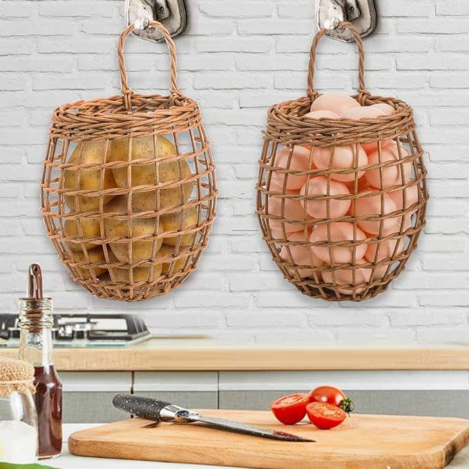 Elsjoy Set of 2 Hanging Onion Basket, Wall Mount Small Wicker Baskets