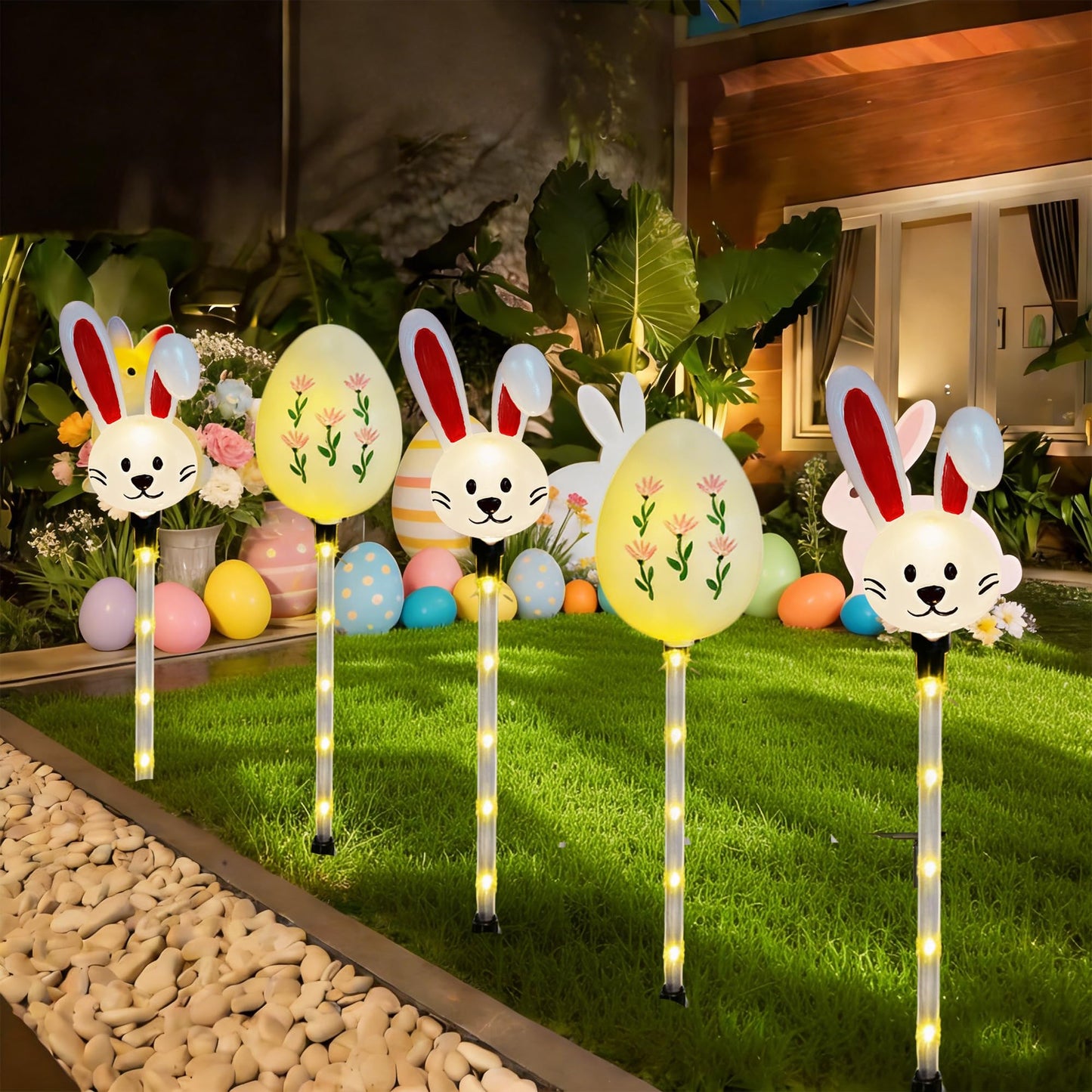 NAHIYELAS Solar Easter Pathway Lights - 5 Pack Bunny Egg Light Outdoor Solar Powered Path Lights with 8 Lighting Modes, Waterproof Garden Stake for Easter, Housewarming Gifts & Outdoor Decor