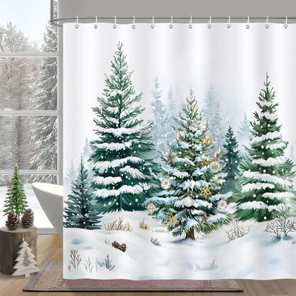 Bonhause Winter Christmas Shower Curtain, Snowy Forest Pine Tree Snow Landscape Bathroom Decor 72 x 72 Inch Polyester Fabric Waterproof Bath Curtain with 12 Hooks