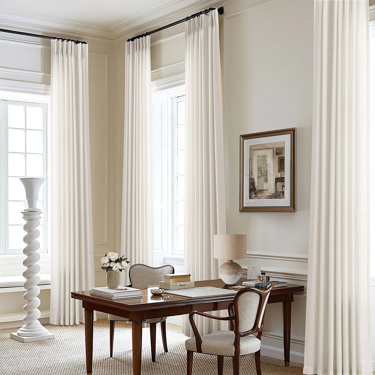 Pinch Pleated Linen Curtains 102 Inch long Memory Shape Training Pleat Drape with Hooks Rings Back Tab for Living Room Patio Glass Door Modern Neutral Cream Ivory Birch Semi Sheer 102 Inch Curtain