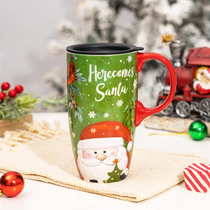 Topadorn 17oz Christmas Ceramic Travel Coffee Mug with Sealed Lid Tea Cup with Color Box, Microwave & Dishwasher Safe, Unique Coffee Mug for Latte & Hot Chocolate, Christmas Home Gifts, Santa