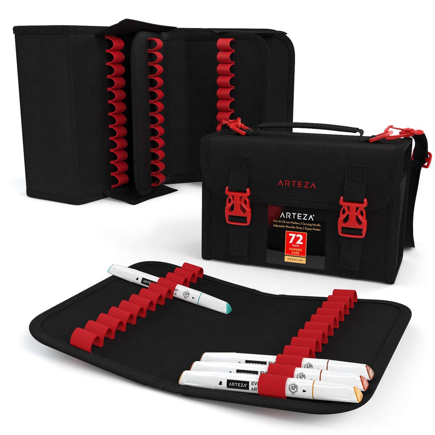 ARTEZA Art Markers & Pens Organizer (72 Slots), Carrying Case for Travel & Storage with Zipper Pocket, Handle, Removable & Adjustable Strap