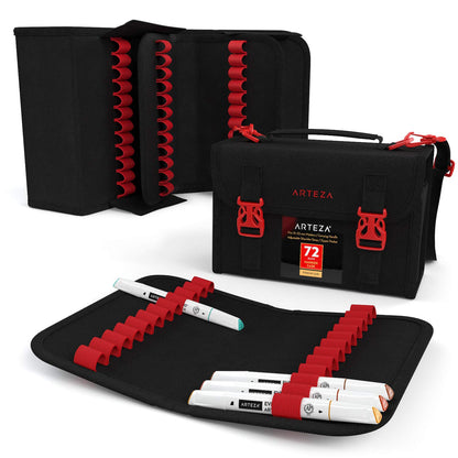 ARTEZA Art Markers & Pens Organizer (72 Slots), Carrying Case for Travel & Storage with Zipper Pocket, Handle, Removable & Adjustable Strap