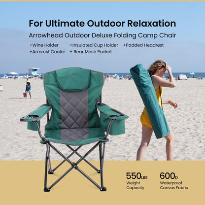 ARROWHEAD OUTDOOR 2-Pack Portable Folding Camping Quad Chair w/ 6-Can Cooler, Cup & Wine Glass Holders, Heavy-Duty Carrying Bag, Padded Armrests, Headrest & Seat, Supports up to 550lbs