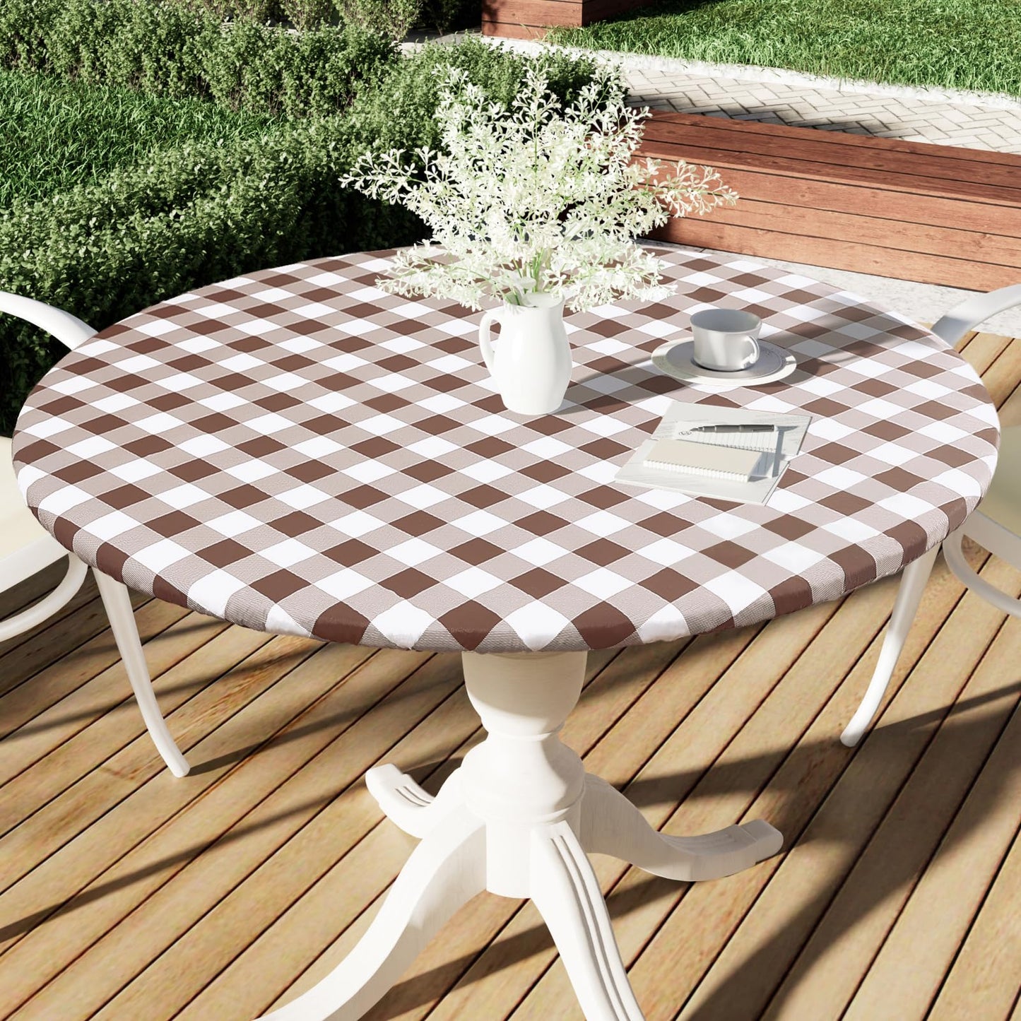 Smiry Round Picnic Tablecloth, Elastic Waterproof Fitted Vinyl Tablecloths for 45"-56" Tables, Flannel Backed Buffalo Plaid Table Cover for Dining, Camping, Outdoor, White and Brown