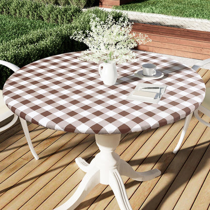 Smiry Round Picnic Tablecloth, Elastic Waterproof Fitted Vinyl Tablecloths for 45"-56" Tables, Flannel Backed Buffalo Plaid Table Cover for Dining, Camping, Outdoor, White and Brown