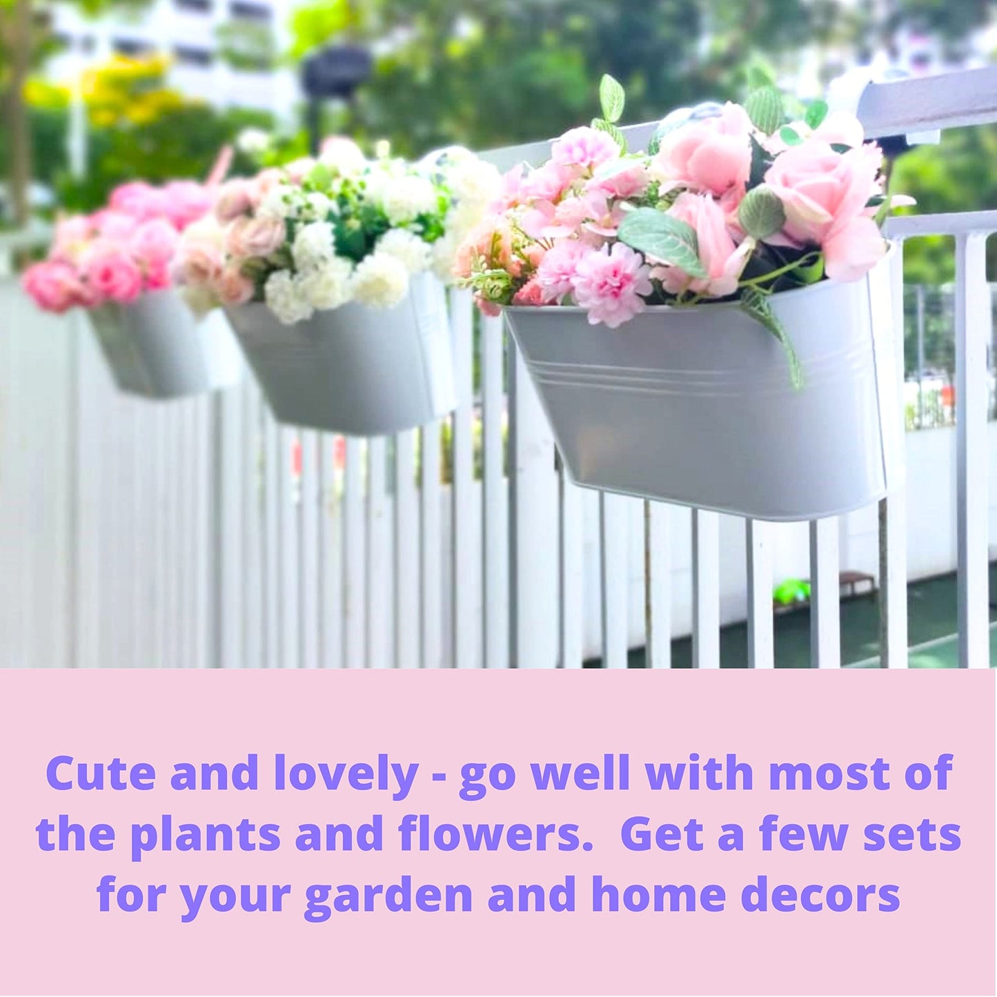 Maxona Metal Iron Hanging Flower Pots, 4 Pack, 9.8 Inch Oval White Railing Fence Hanging Bucket Pots Countryside Style Window Flower Plant Holder with Detachable Hooks Home Décor