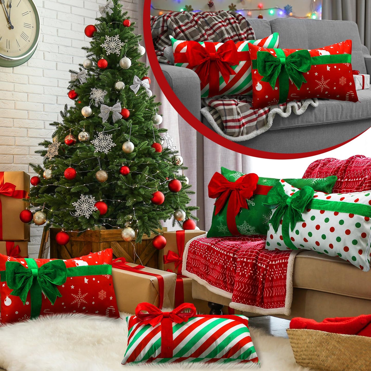 Kingdder Christmas Pillow Covers 12 x 20 Inch Set of 4 Farmhouse Xmas Throw Pillow Cases Gift Box Style Red Green White Snowflake Bow Decoration for Couch Holiday Sofa Cushion Decor