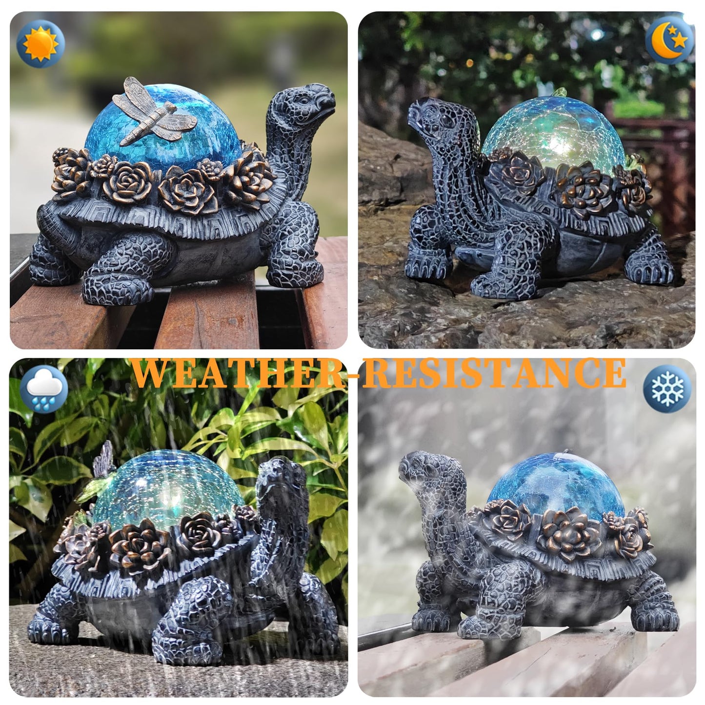 Vlyrofea Outdoor Turtle Statue – Resin Animal Figurine with Blue Crystal Solar Lights,Golden Succulent Accents & Dragonfly Decor, Cute Garden Ornament, Yard Art for Lawn, Patio,Mom Wife Unique Gifts